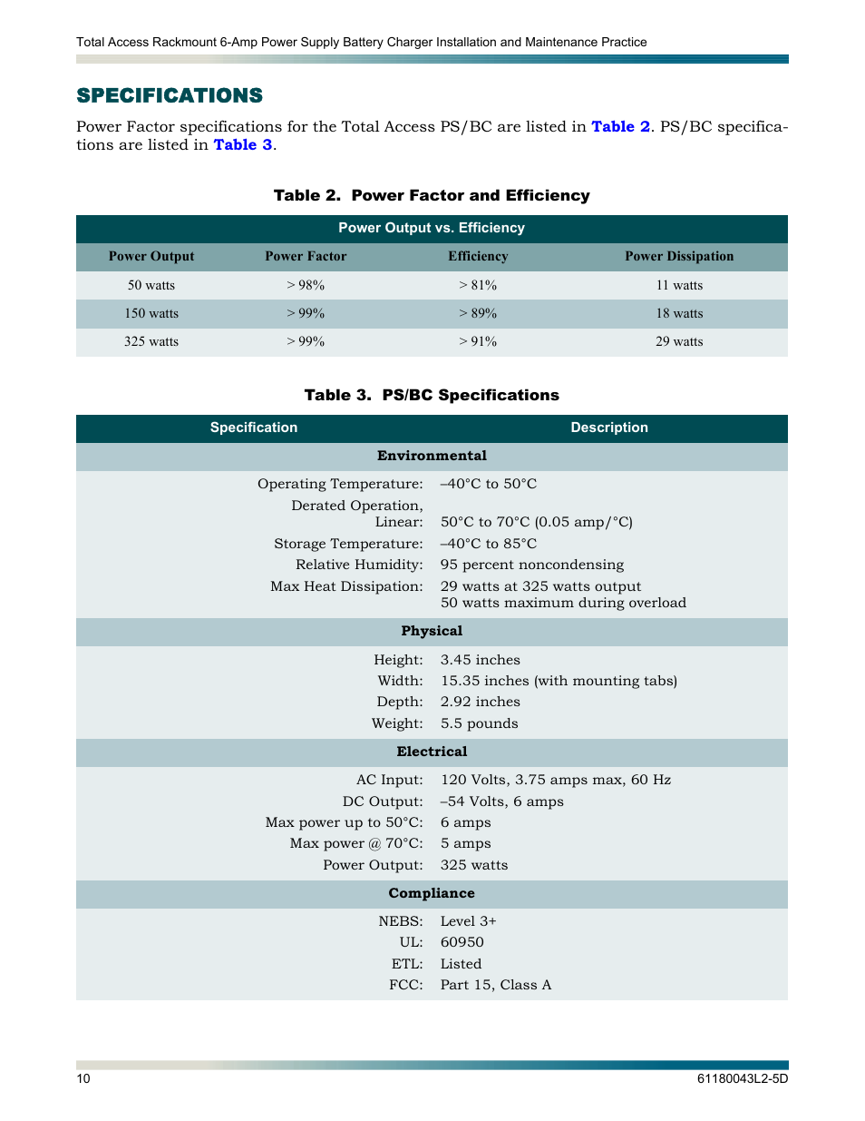 Specifications, Table 2, Power factor and efficiency | Table 3, Ps/bc specifications | ADTRAN 6-Amp Power User Manual | Page 16 / 18