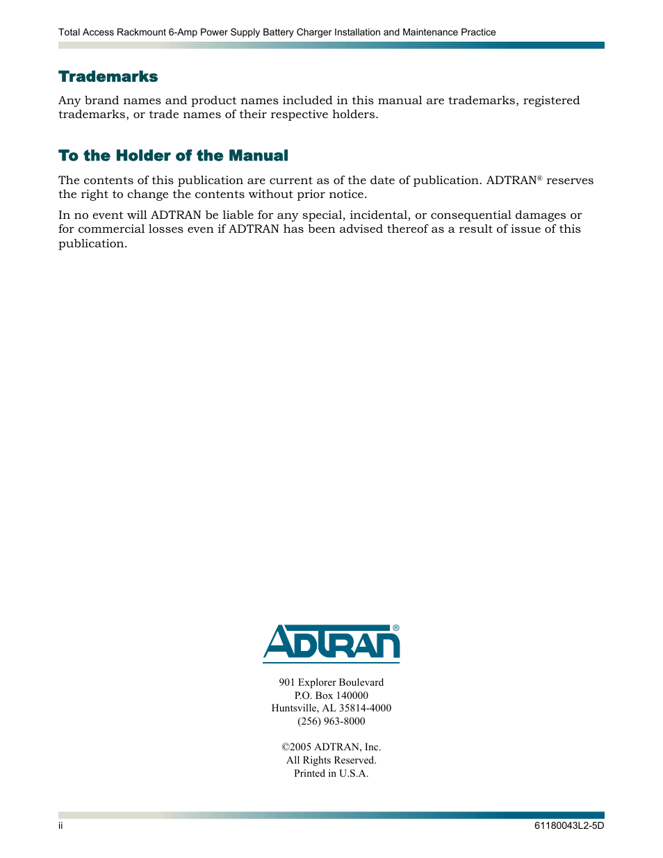 Front matter, Trademarks, To the holder of the manual | ADTRAN 6-Amp Power User Manual | Page 2 / 18