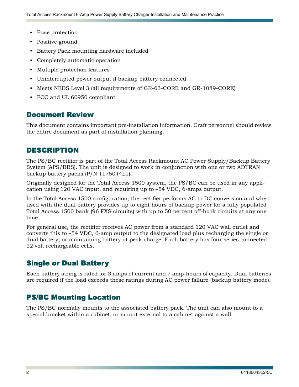 Document review, Description, Single or dual battery | Ps/bc mounting location, Single or dual battery ps/bc mounting location | ADTRAN 6-Amp Power User Manual | Page 8 / 18