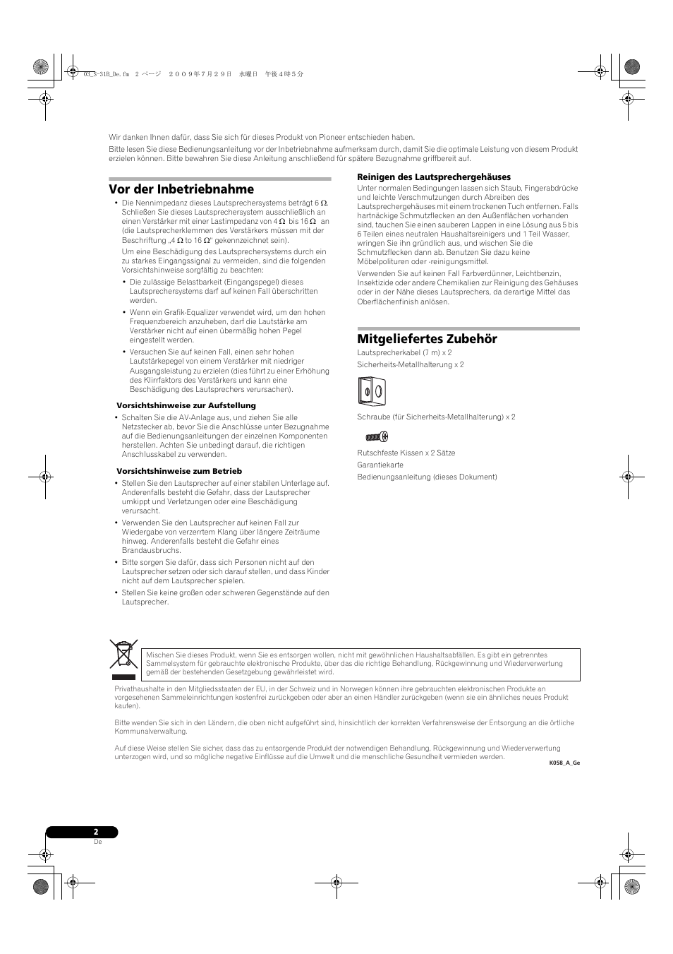 Vor der inbetriebnahme, Mitgeliefertes zubehör | Pioneer S-31B-LR-QL User Manual | Page 10 / 58