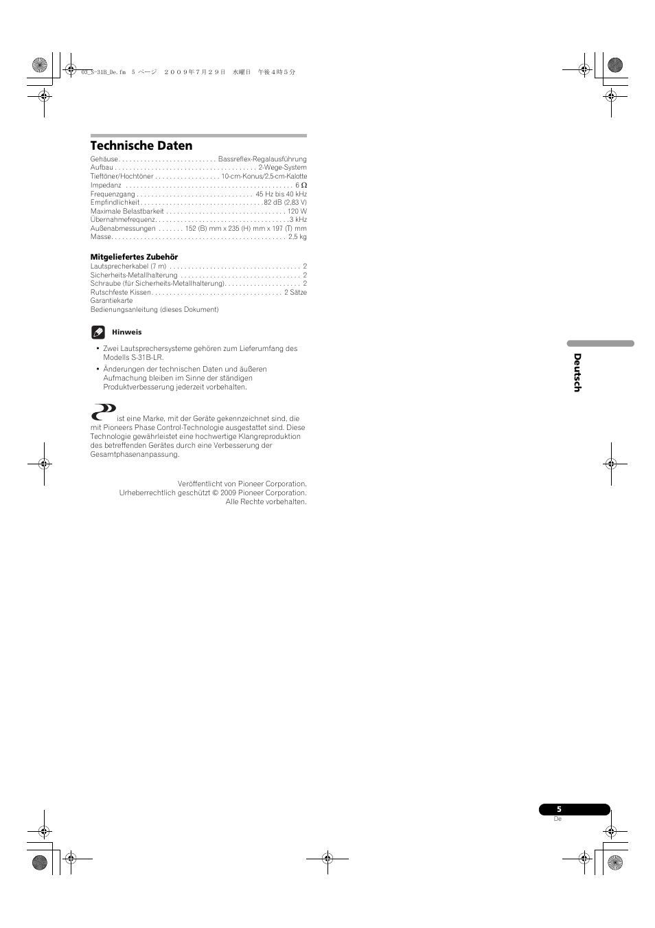 Technische daten | Pioneer S-31B-LR-QL User Manual | Page 13 / 58