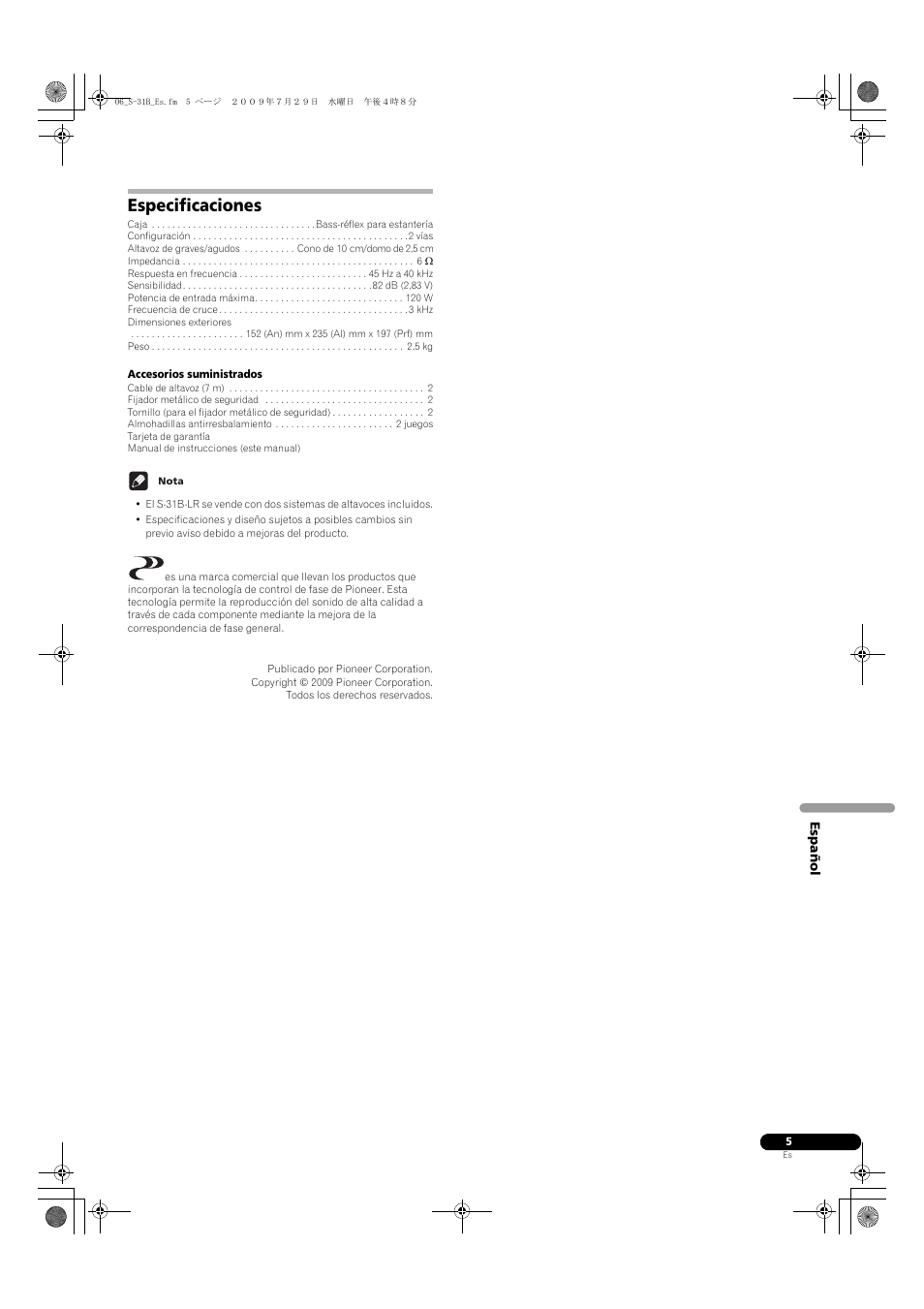 Especificaciones | Pioneer S-31B-LR-QL User Manual | Page 25 / 58