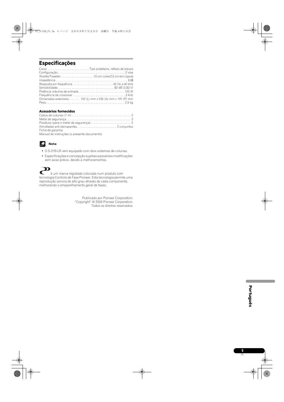 Especificações | Pioneer S-31B-LR-QL User Manual | Page 29 / 58