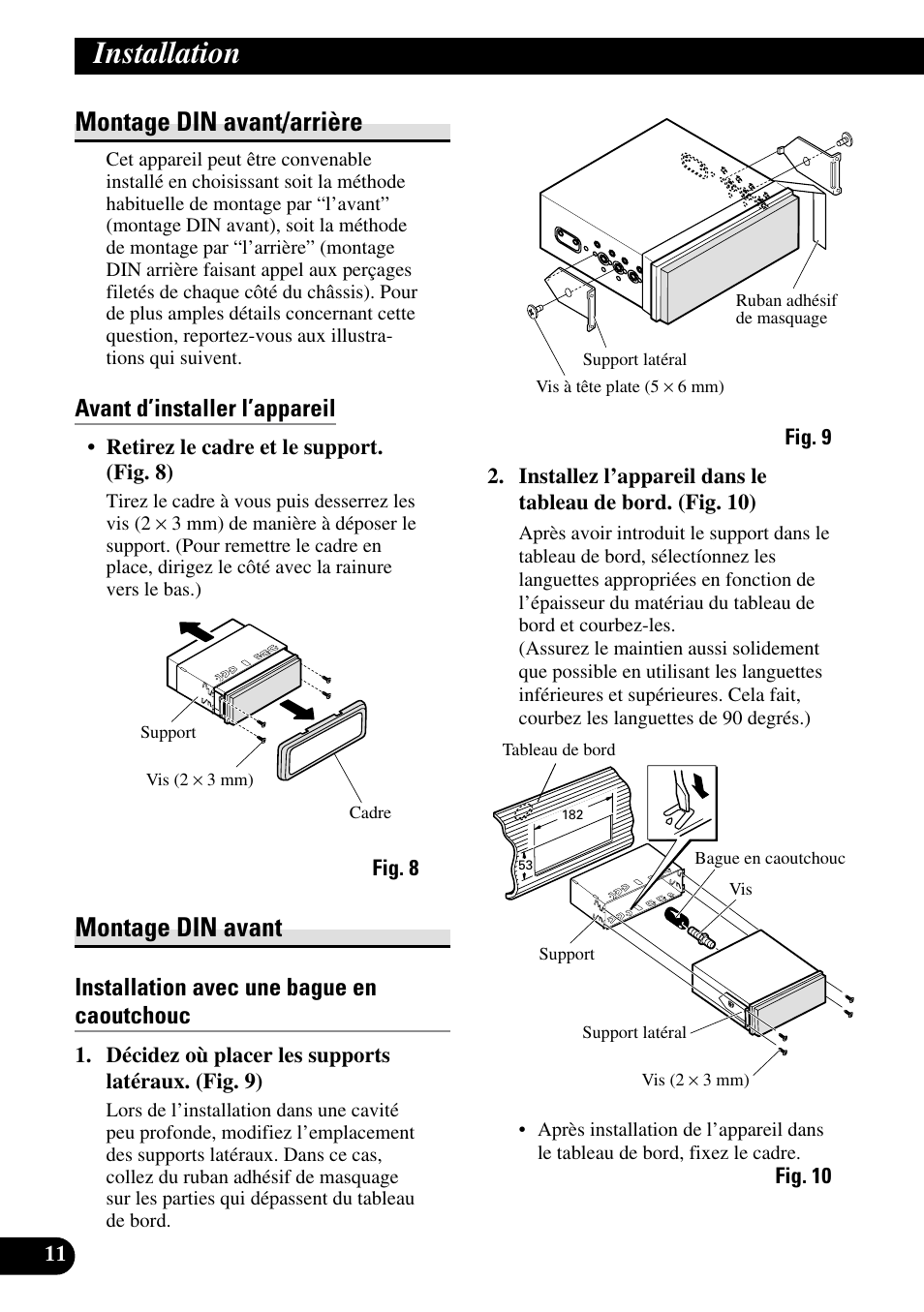 Montage din avant/arrière montage din avant, Installation, Montage din avant/arrière | Montage din avant, Avant d’installer l’appareil, Installation avec une bague en caoutchouc | Pioneer AVX-7600 User Manual | Page 48 / 74