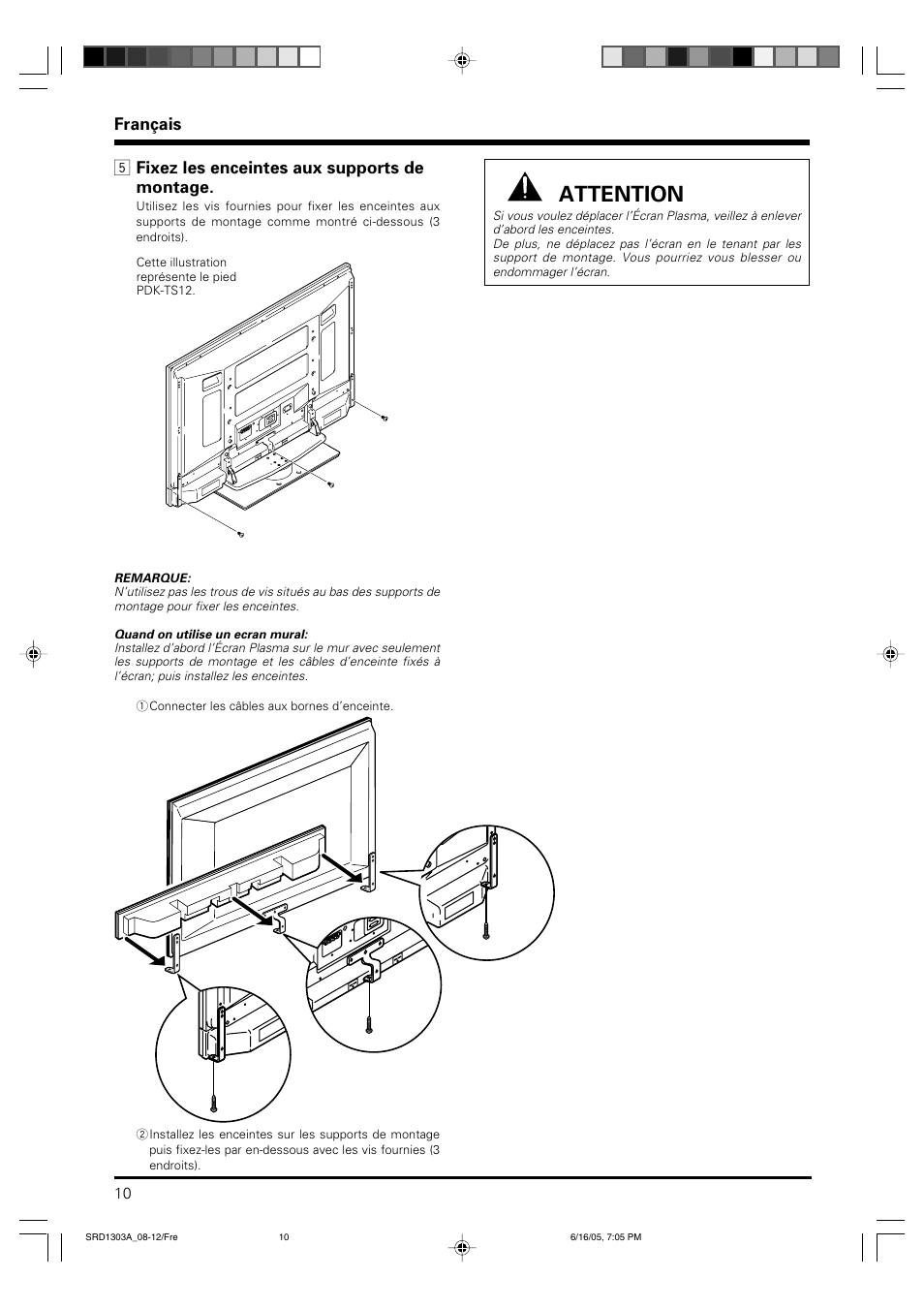 Attention, Français, 5 fixez les enceintes aux supports de montage | Pioneer PDP-S39 User Manual | Page 10 / 38