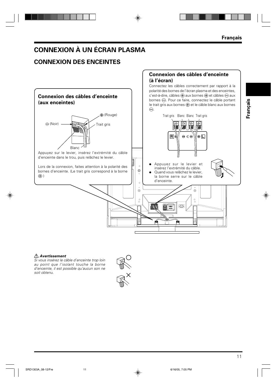 Connexion à un écran plasma, Connexion des enceintes, Français fran ç ais | Connexion des câbles d’enceinte (aux enceintes), Connexion des câbles d’enceinte (à l’écran) | Pioneer PDP-S39 User Manual | Page 11 / 38