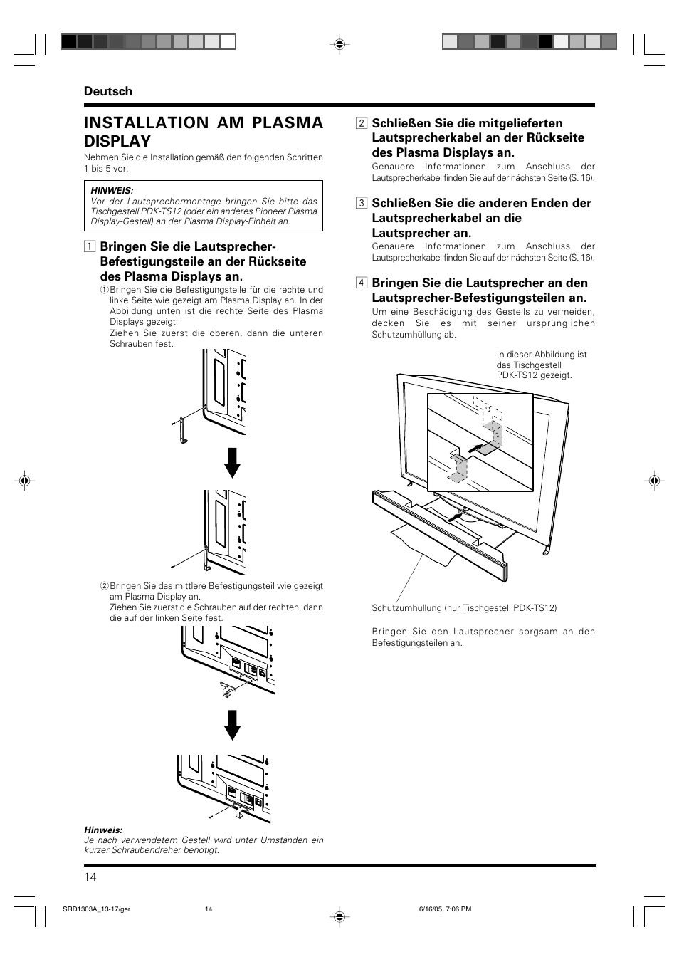 Installation am plasma display | Pioneer PDP-S39 User Manual | Page 14 / 38