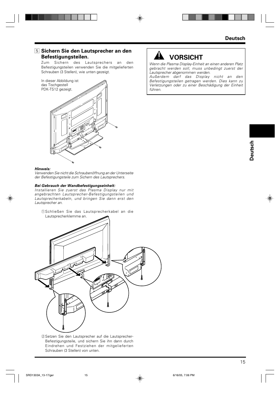 Vorsicht | Pioneer PDP-S39 User Manual | Page 15 / 38