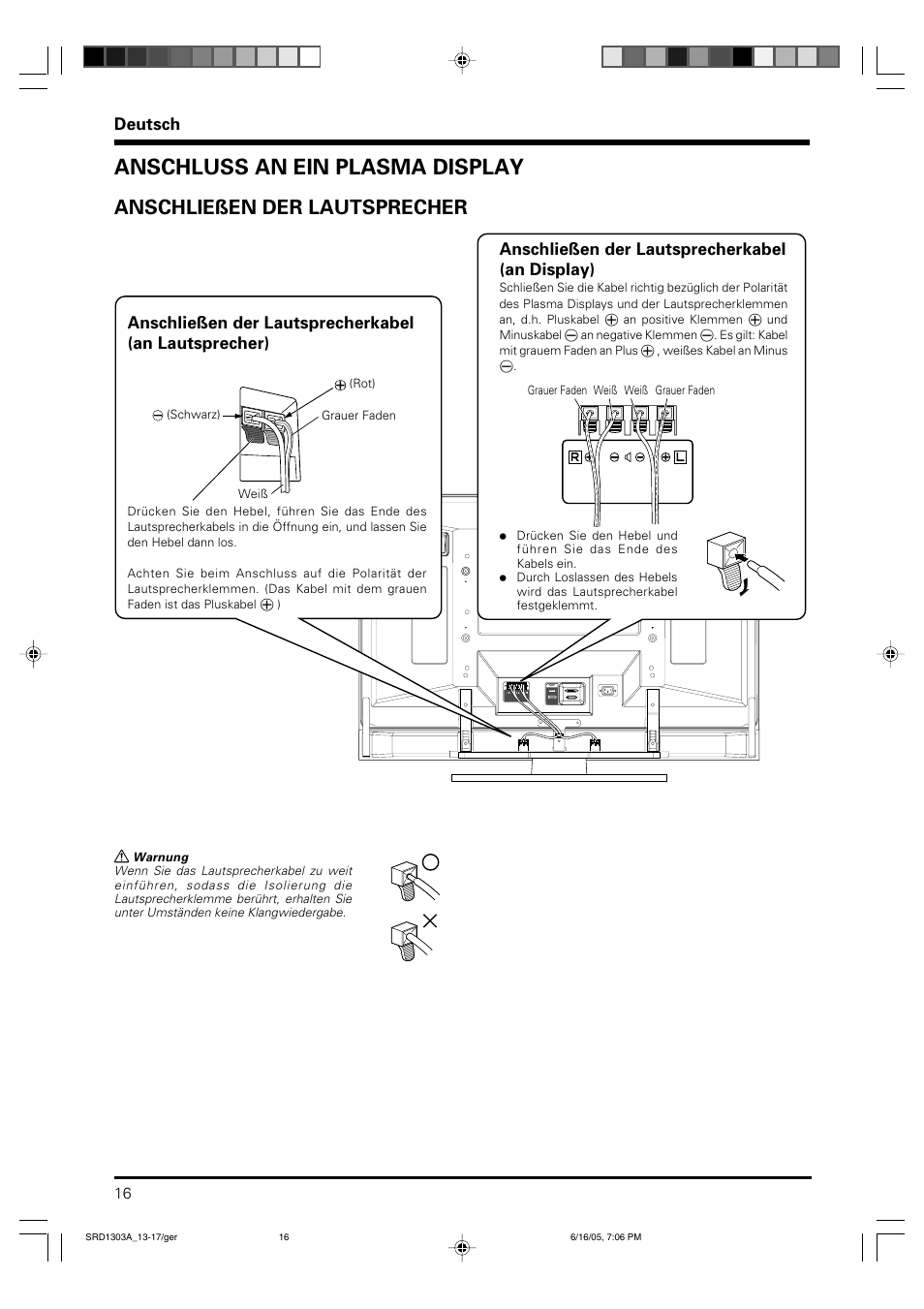 Anschluss an ein plasma display, Anschließen der lautsprecher, Deutsch | Anschließen der lautsprecherkabel (an display) | Pioneer PDP-S39 User Manual | Page 16 / 38