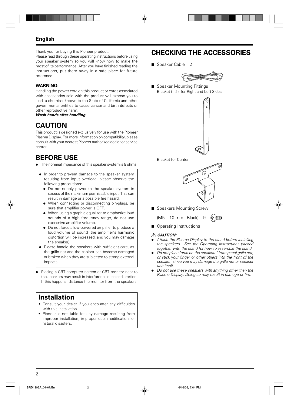 Pdp-s39, Operating instructions, Caution | Before use, Installation, Checking the accessories, English | Pioneer PDP-S39 User Manual | Page 2 / 38