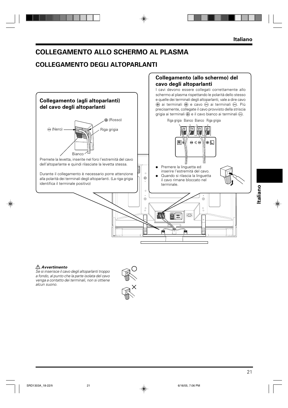 Collegamento allo schermo al plasma, Collegamento degli altoparlanti, Italiano | Pioneer PDP-S39 User Manual | Page 21 / 38