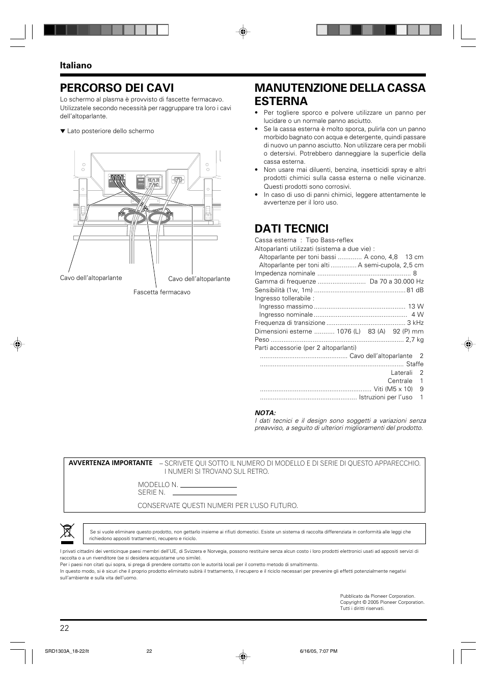 Percorso dei cavi, Manutenzione della cassa esterna, Dati tecnici | Italiano | Pioneer PDP-S39 User Manual | Page 22 / 38