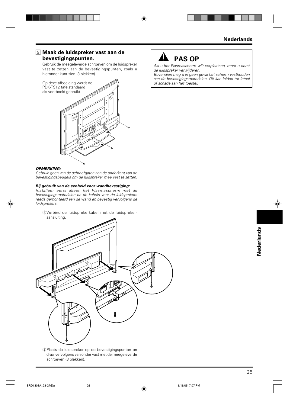 Pas op | Pioneer PDP-S39 User Manual | Page 25 / 38