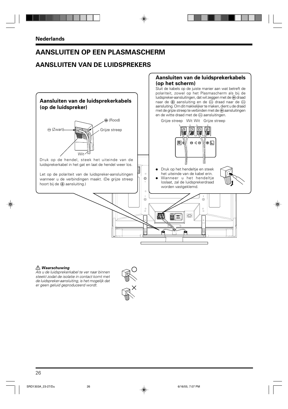 Aansluiten op een plasmascherm, Aansluiten van de luidsprekers, Nederlands | Pioneer PDP-S39 User Manual | Page 26 / 38
