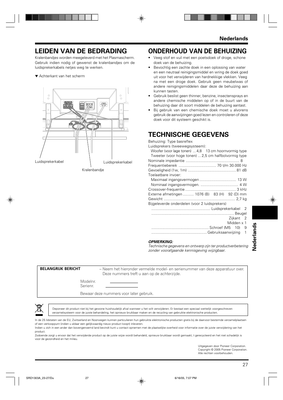 Leiden van de bedrading, Onderhoud van de behuizing, Technische gegevens | Nederlands | Pioneer PDP-S39 User Manual | Page 27 / 38