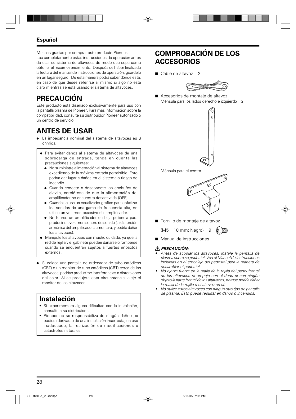 Manual de instrucciones, Precaución, Antes de usar | Instalación, Comprobación de los accesorios, Español | Pioneer PDP-S39 User Manual | Page 28 / 38