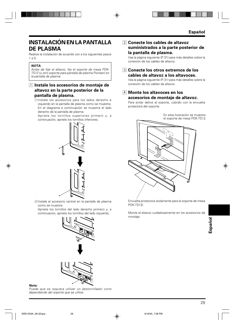 Instalación en la pantalla de plasma | Pioneer PDP-S39 User Manual | Page 29 / 38