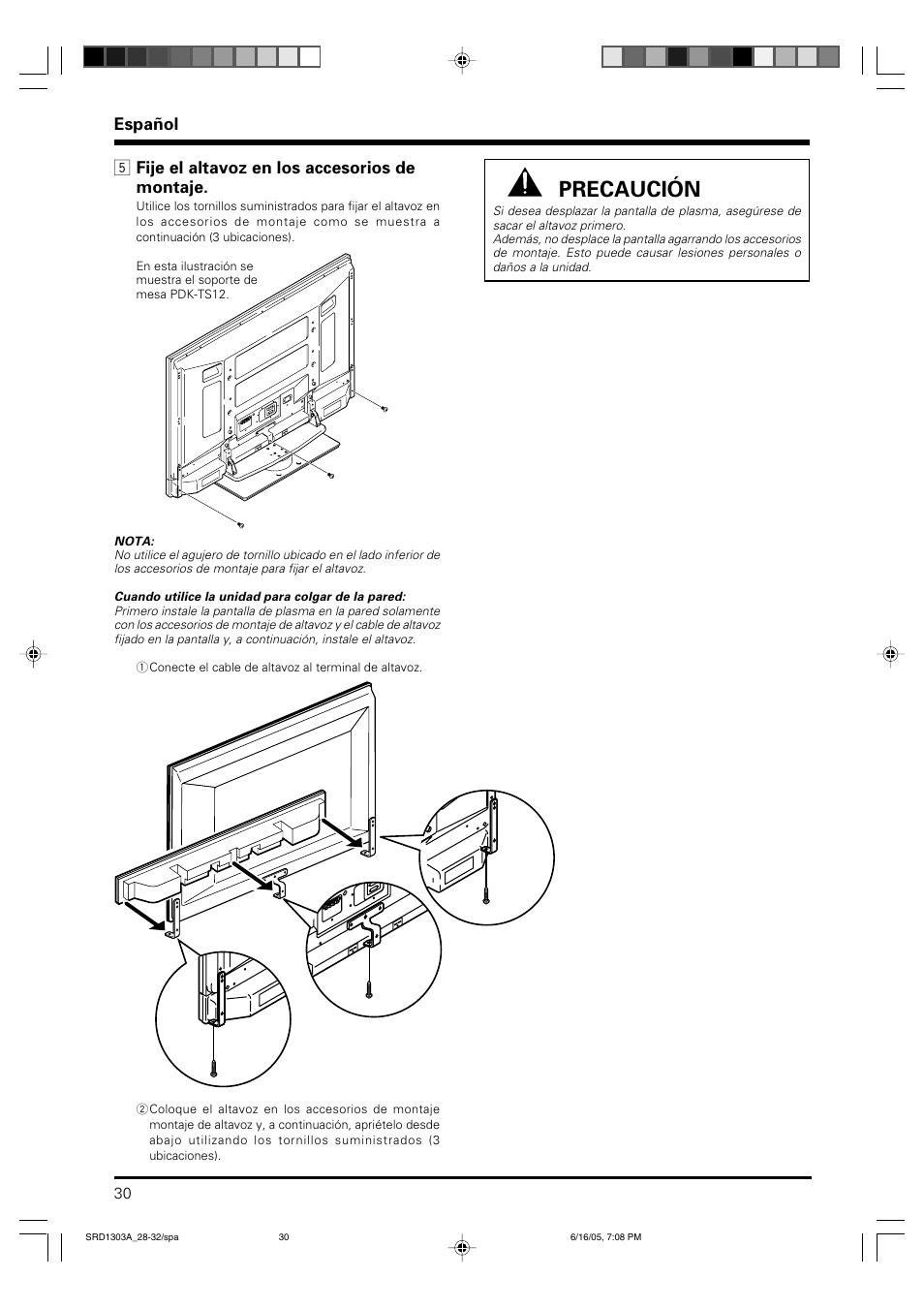 Precaución, Español, 5 fije el altavoz en los accesorios de montaje | Pioneer PDP-S39 User Manual | Page 30 / 38