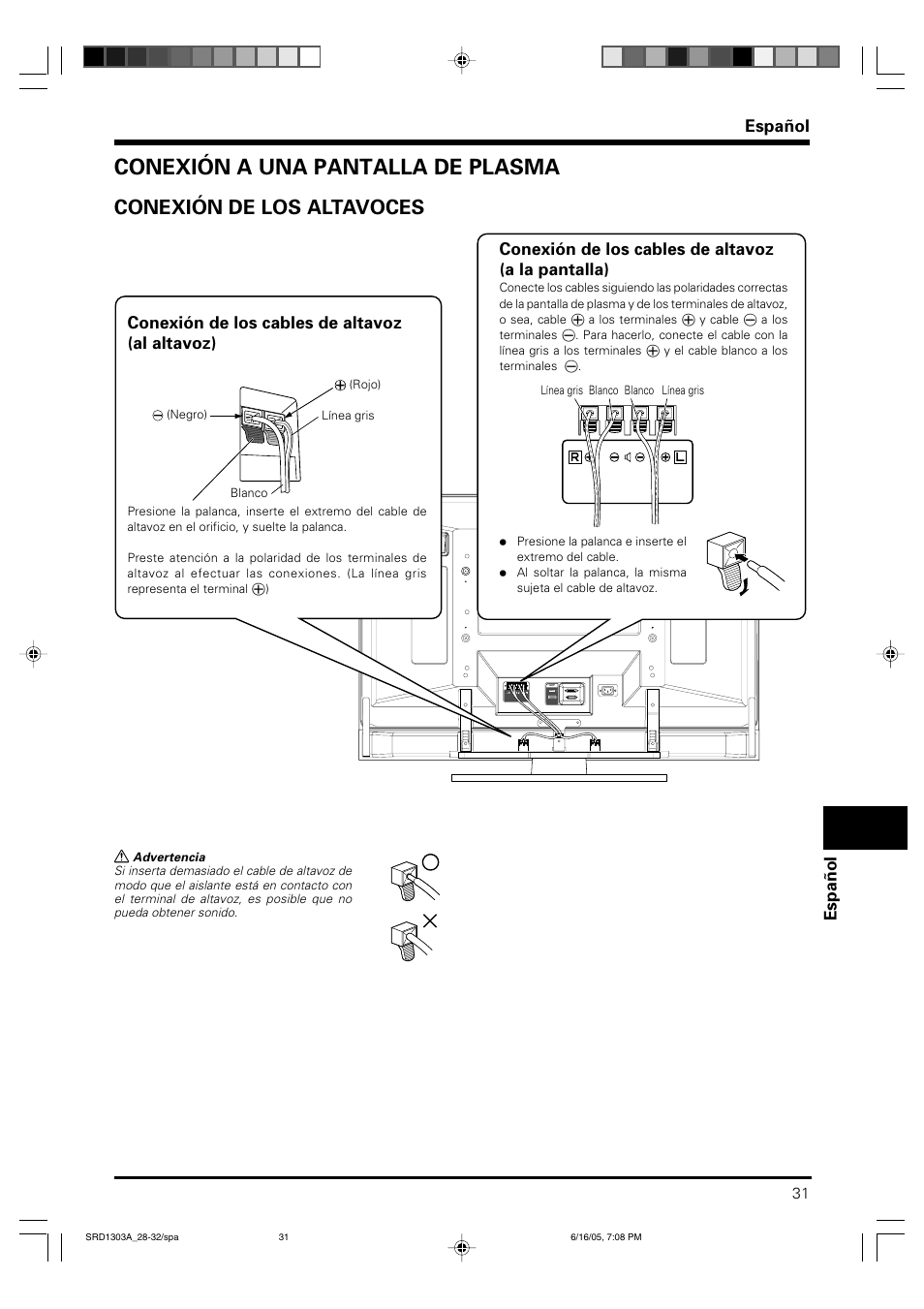 Conexión a una pantalla de plasma, Conexión de los altavoces, Español espa ñ ol | Conexión de los cables de altavoz (al altavoz), Conexión de los cables de altavoz (a la pantalla) | Pioneer PDP-S39 User Manual | Page 31 / 38
