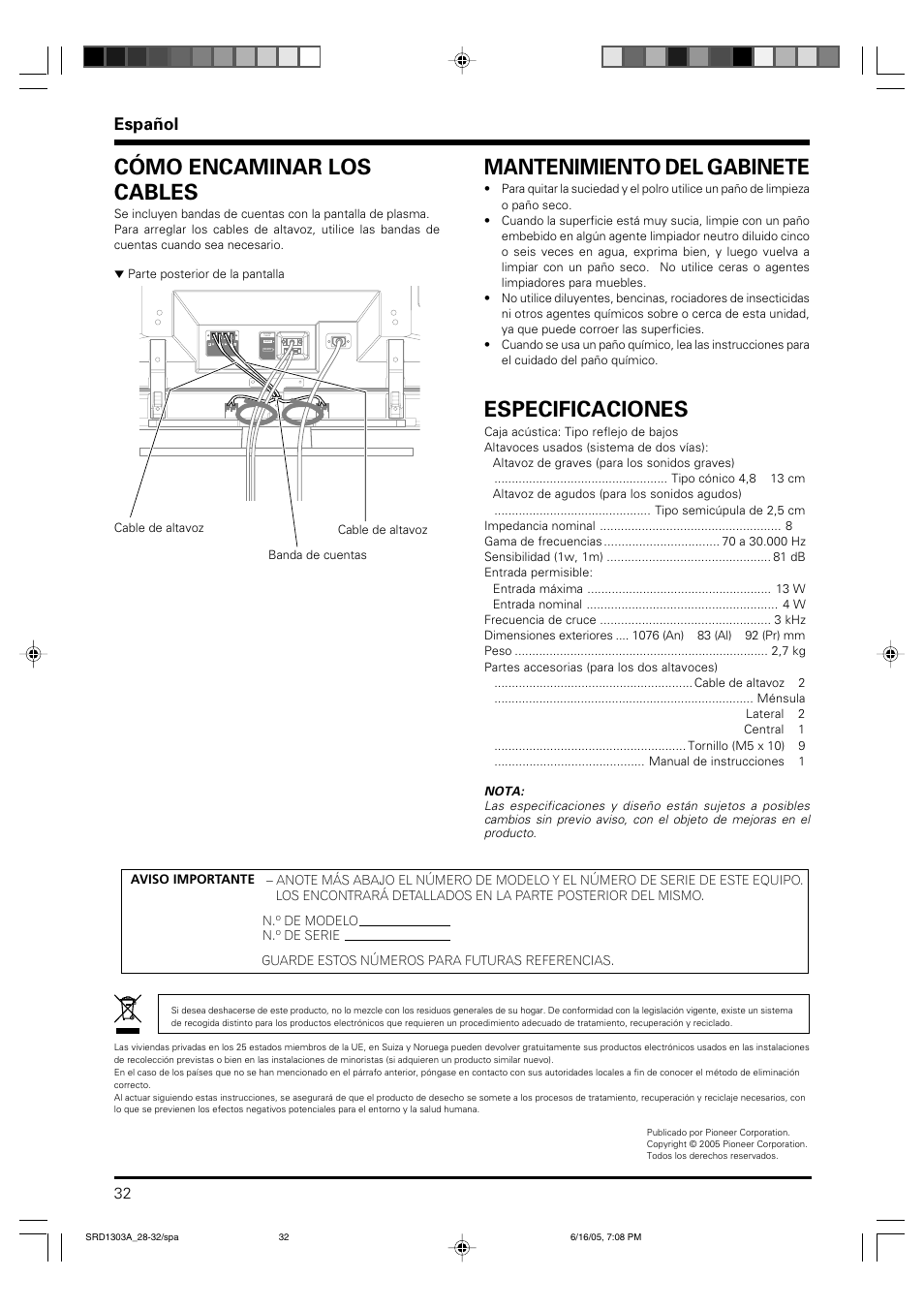 Cómo encaminar los cables, Mantenimiento del gabinete, Especificaciones | Español | Pioneer PDP-S39 User Manual | Page 32 / 38