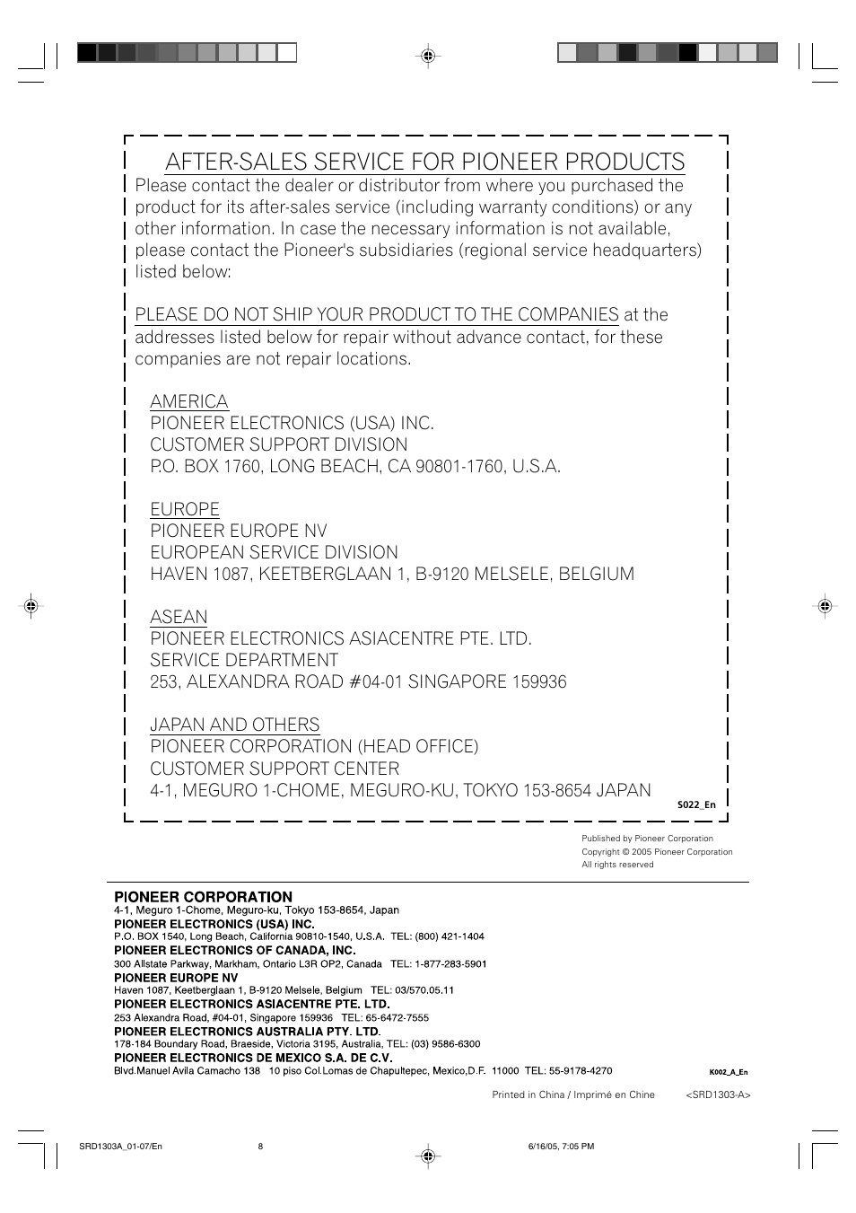 After-sales service for pioneer products | Pioneer PDP-S39 User Manual | Page 38 / 38