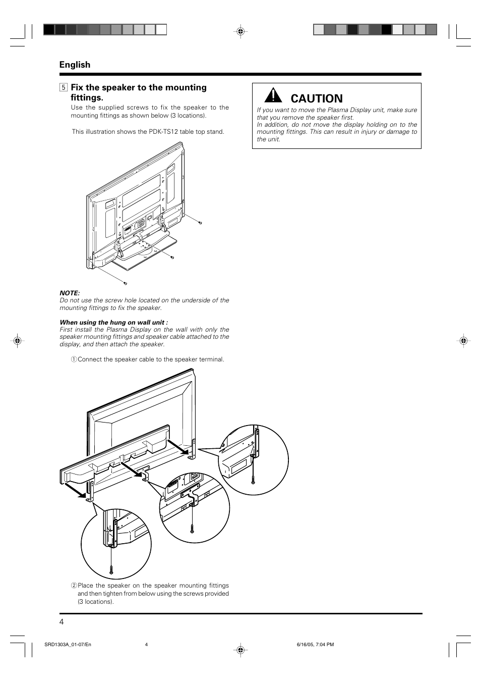 Caution, English, 5 fix the speaker to the mounting fittings | Pioneer PDP-S39 User Manual | Page 4 / 38
