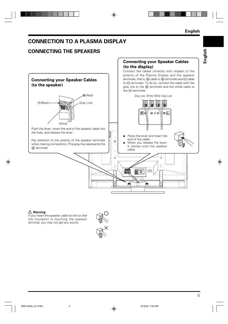 Connection to a plasma display, Connecting the speakers, English | Connecting your speaker cables (to the speaker), Connecting your speaker cables (to the display) | Pioneer PDP-S39 User Manual | Page 5 / 38