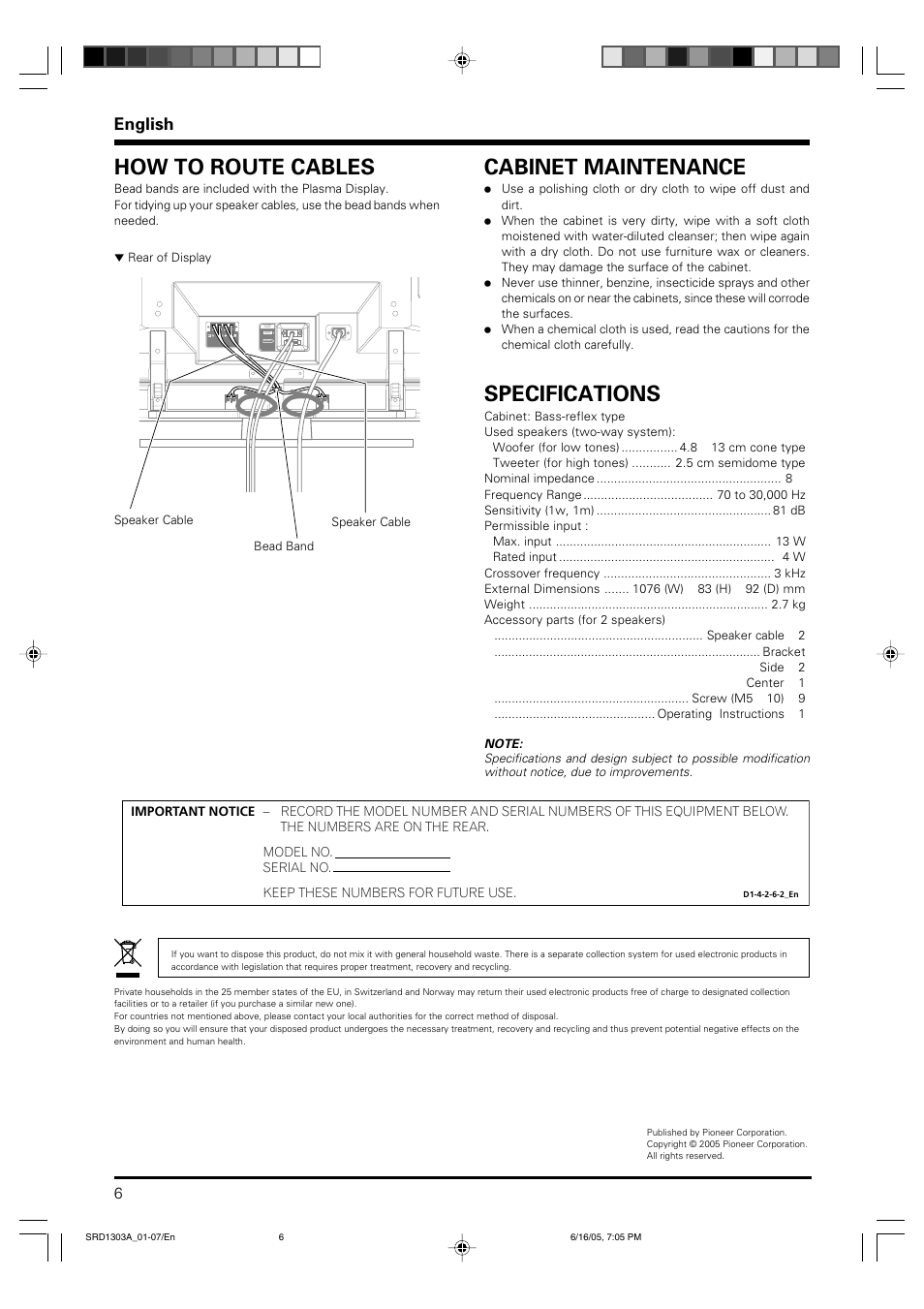 Cabinet maintenance, Specifications, How to route cables | English | Pioneer PDP-S39 User Manual | Page 6 / 38