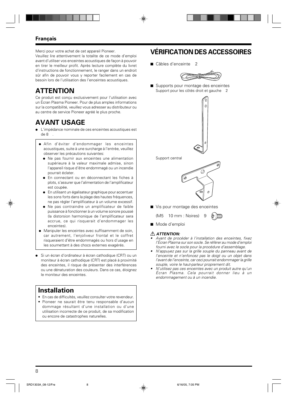 Mode d’emploi, Attention, Avant usage | Installation, Vérification des accessoires, Français | Pioneer PDP-S39 User Manual | Page 8 / 38