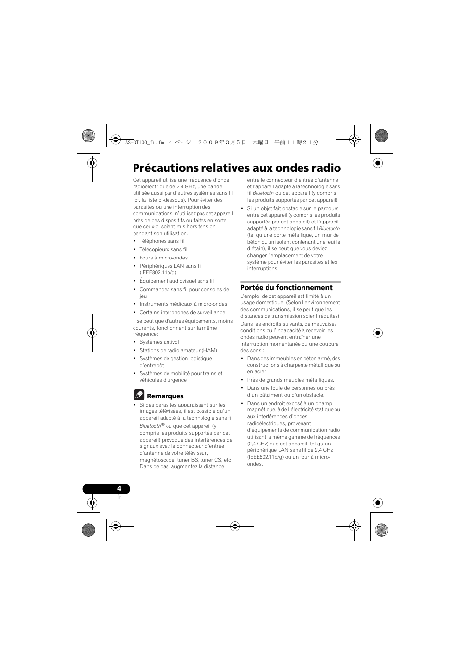 Précautions relatives aux ondes radio, Portée du fonctionnement | Pioneer AS-BT100 User Manual | Page 12 / 60