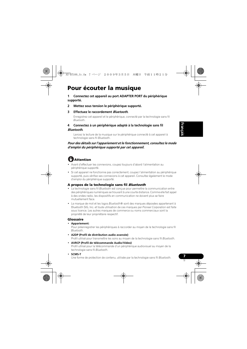 Pour écouter la musique | Pioneer AS-BT100 User Manual | Page 15 / 60