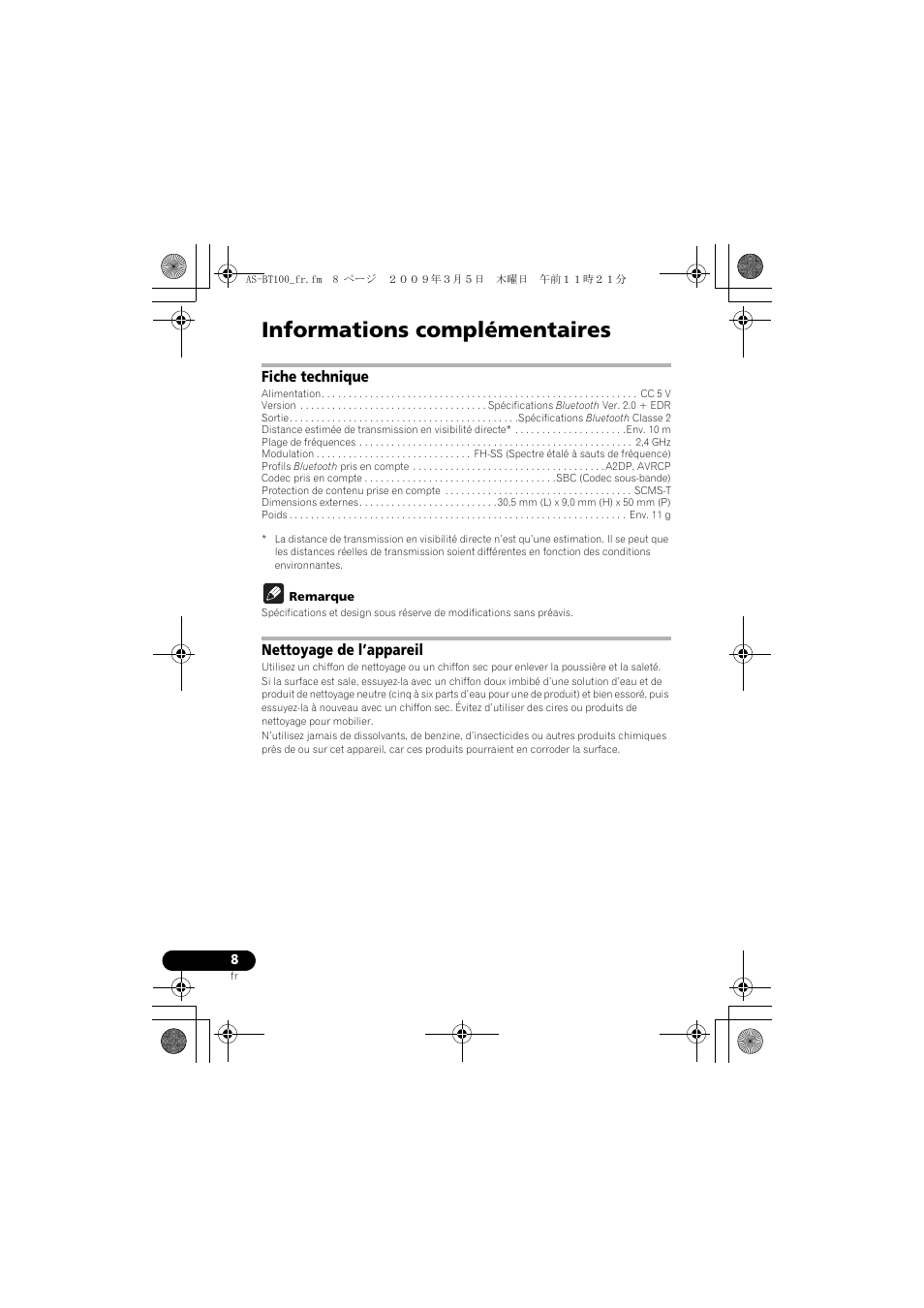 Informations complémentaires | Pioneer AS-BT100 User Manual | Page 16 / 60