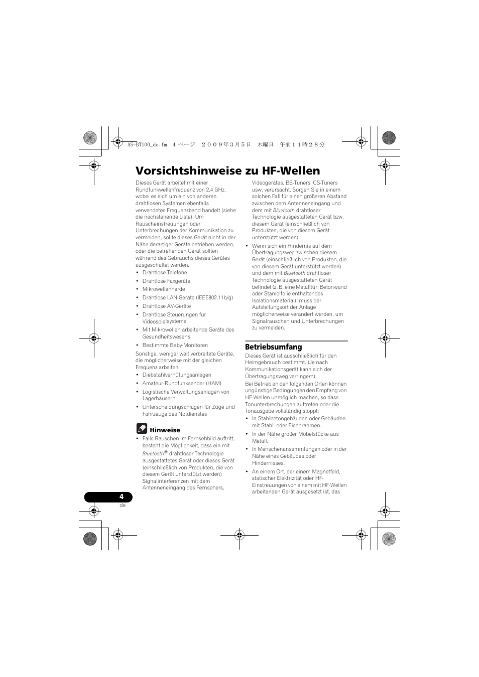 Vorsichtshinweise zu hf-wellen, Betriebsumfang | Pioneer AS-BT100 User Manual | Page 20 / 60