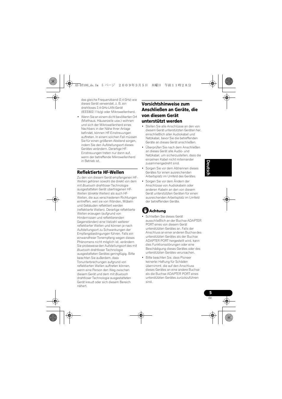 Deutsch, Reflektierte hf-wellen | Pioneer AS-BT100 User Manual | Page 21 / 60