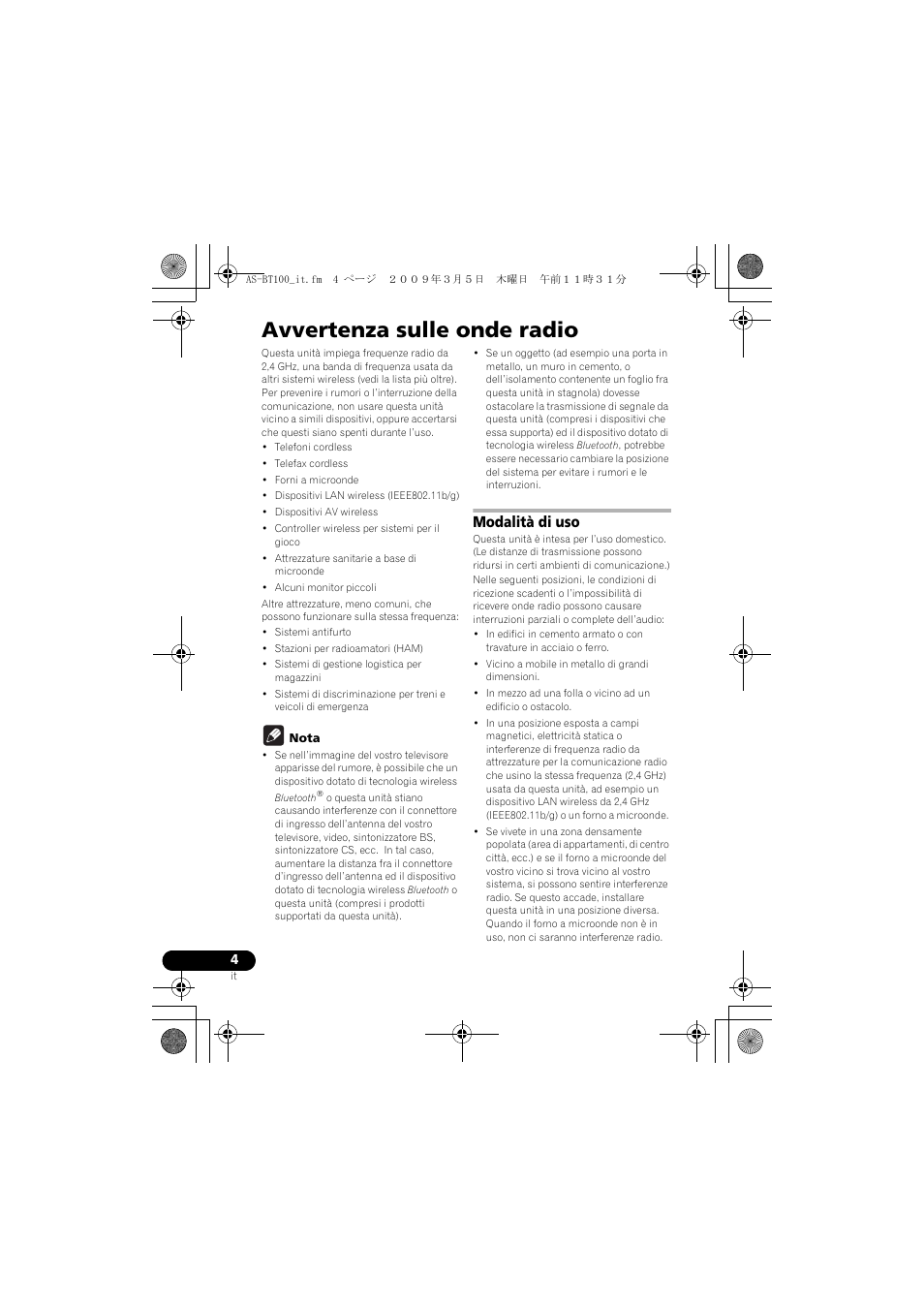 Avvertenza sulle onde radio, Modalità di uso | Pioneer AS-BT100 User Manual | Page 28 / 60