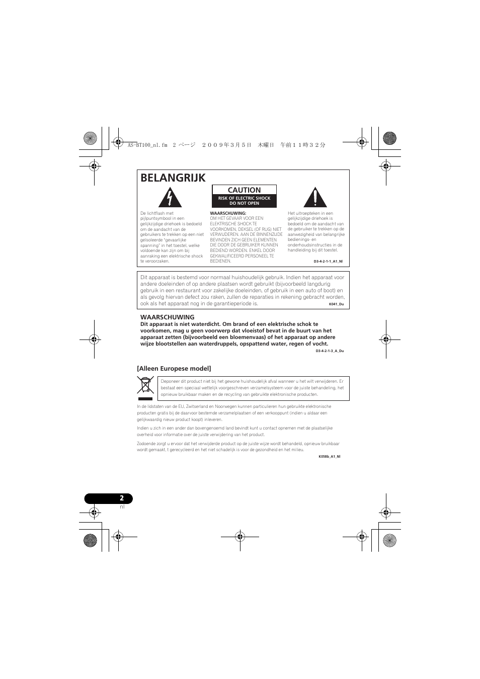 Belangrijk, Caution | Pioneer AS-BT100 User Manual | Page 34 / 60