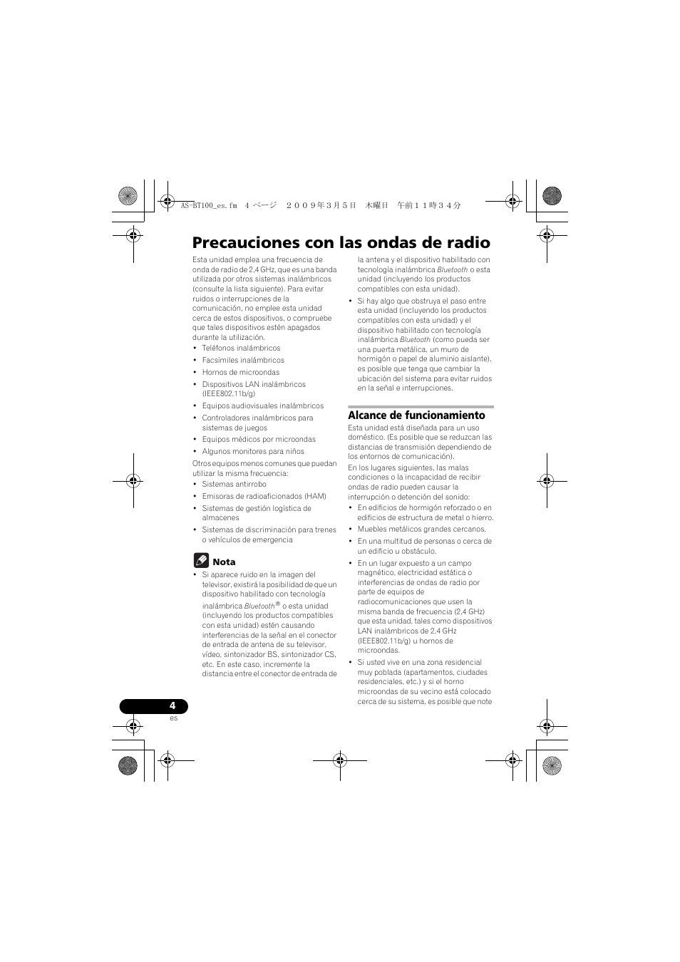 Precauciones con las ondas de radio, Alcance de funcionamiento | Pioneer AS-BT100 User Manual | Page 44 / 60