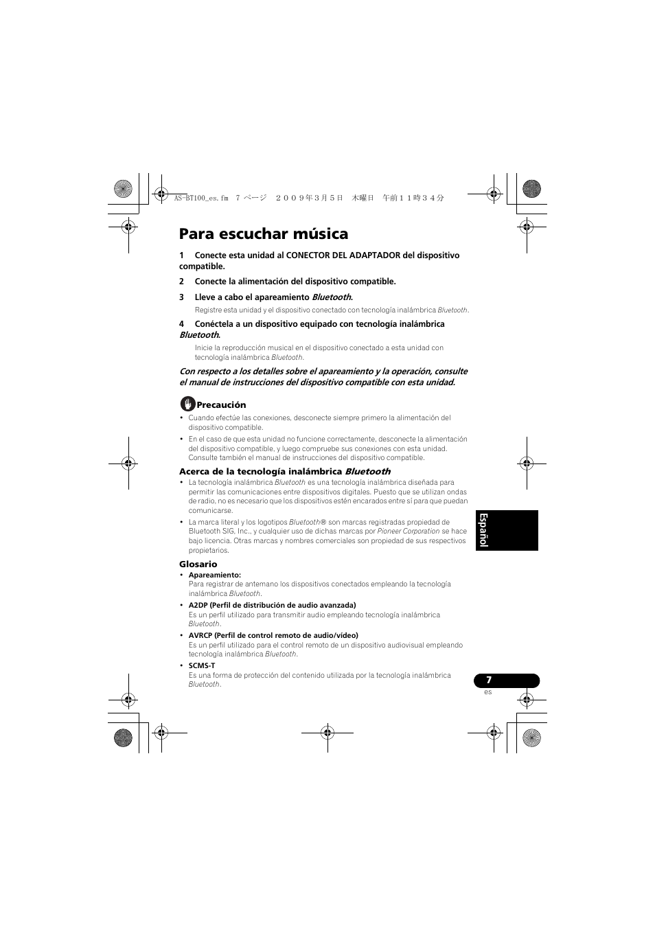 Para escuchar música, Español | Pioneer AS-BT100 User Manual | Page 47 / 60