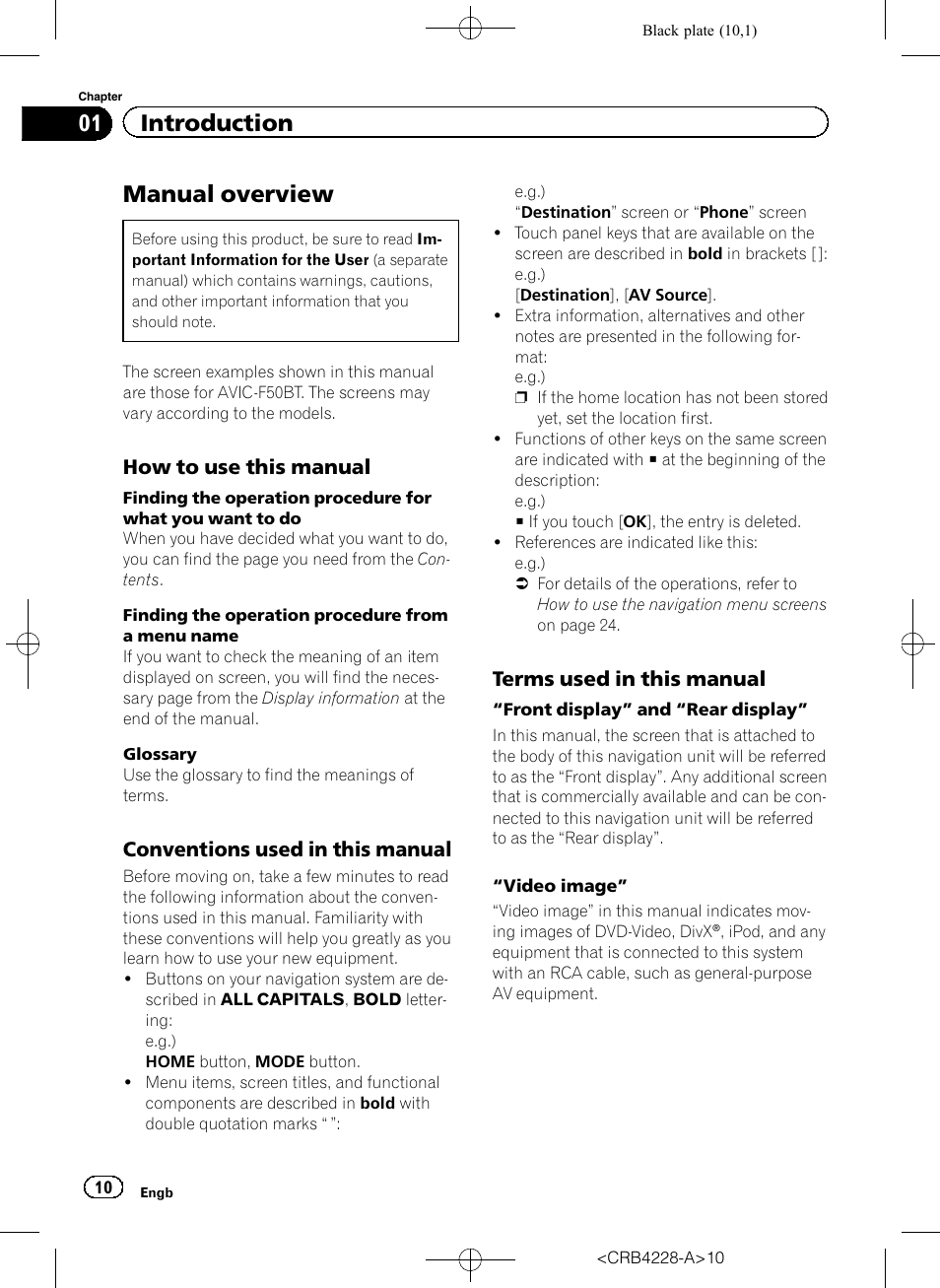 Introduction manual overview, How to use this manual 10, Conventions used in this manual 10 | Terms used in this manual 10, Manual overview, 01 introduction, How to use this manual, Conventions used in this manual, Terms used in this manual | Pioneer AVIC-F850BT User Manual | Page 10 / 208