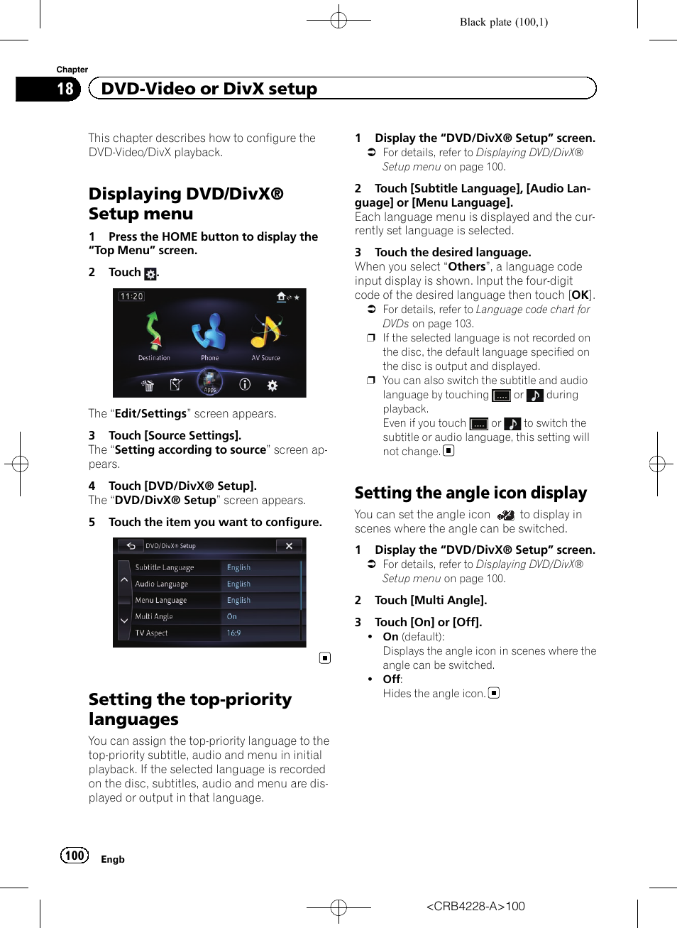 Dvd-video or divx setup displaying dvd/divx, Setup menu, Setting the top-priority languages | Setting the angle icon display, Setting the top-prior, Displaying dvd/divx® setup menu, 18 dvd-video or divx setup | Pioneer AVIC-F850BT User Manual | Page 100 / 208