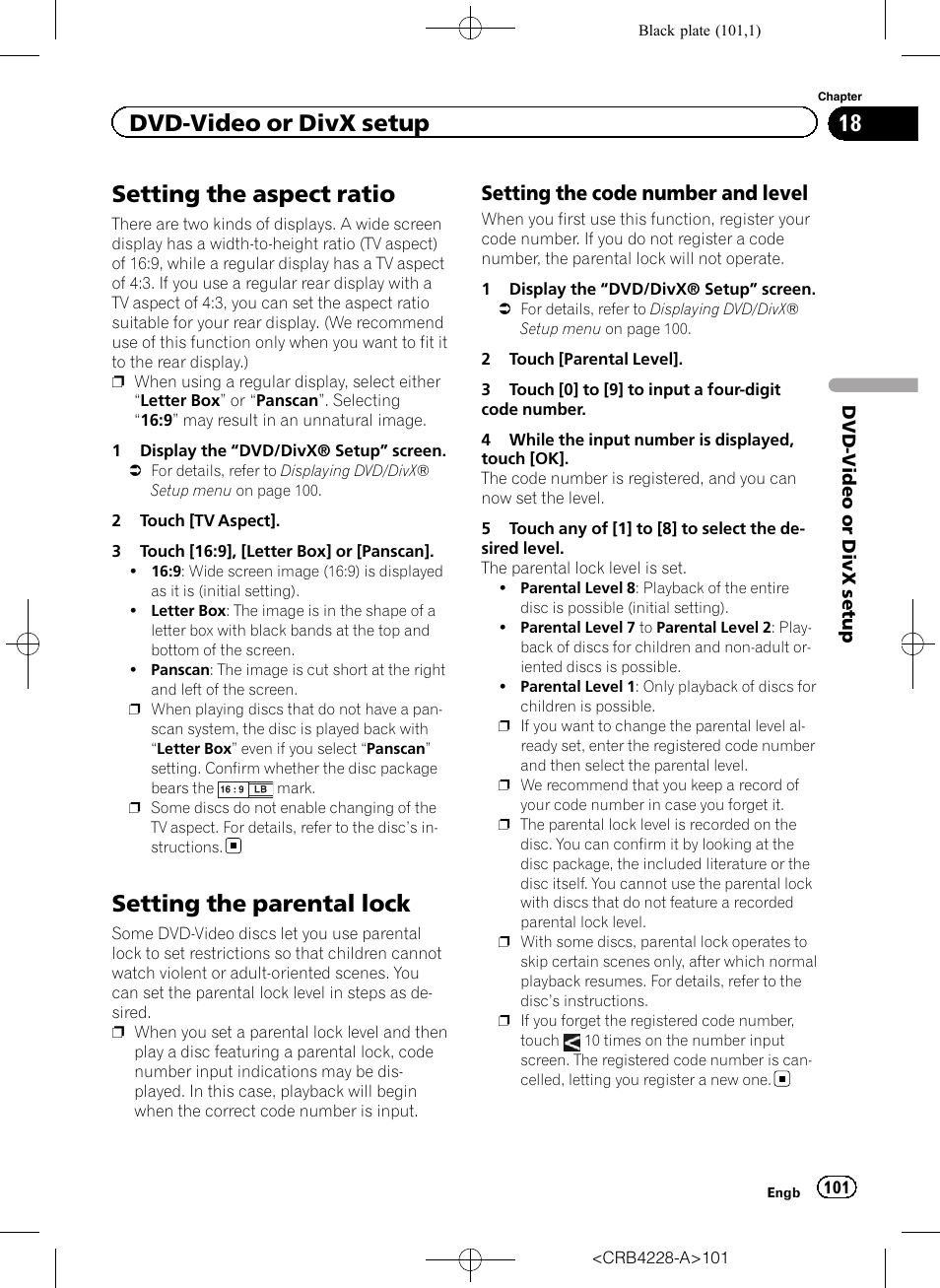 Setting the aspect ratio, Setting the parental lock, Setting the code number and | Level, Dvd-video or divx setup, Setting the code number and level | Pioneer AVIC-F850BT User Manual | Page 101 / 208