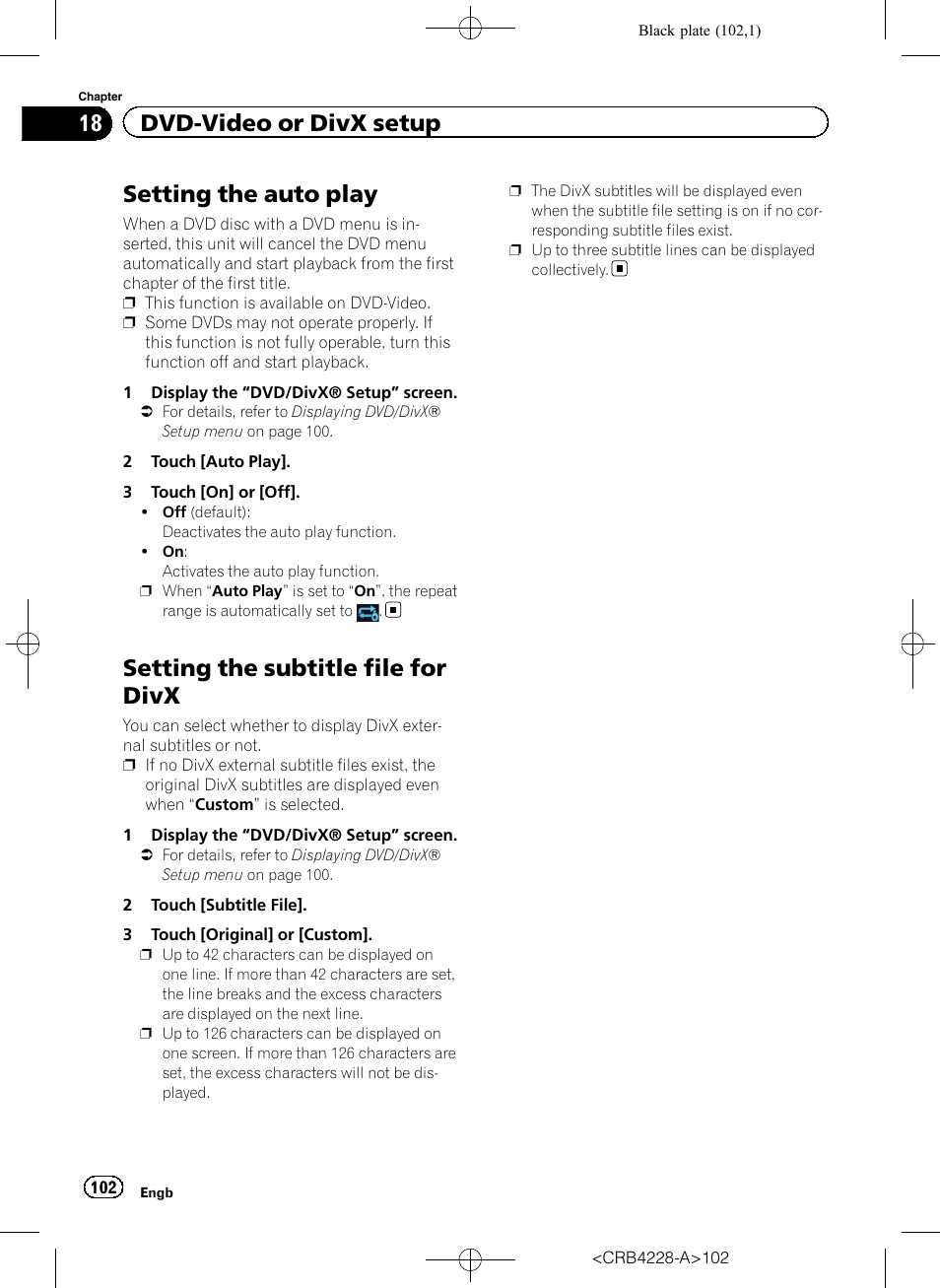 Setting the auto play, Setting the subtitle file for divx, 18 dvd-video or divx setup | Pioneer AVIC-F850BT User Manual | Page 102 / 208