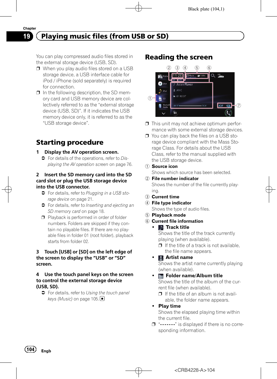 Reading the screen, Starting procedure, 19 playing music files (from usb or sd) | Pioneer AVIC-F850BT User Manual | Page 104 / 208