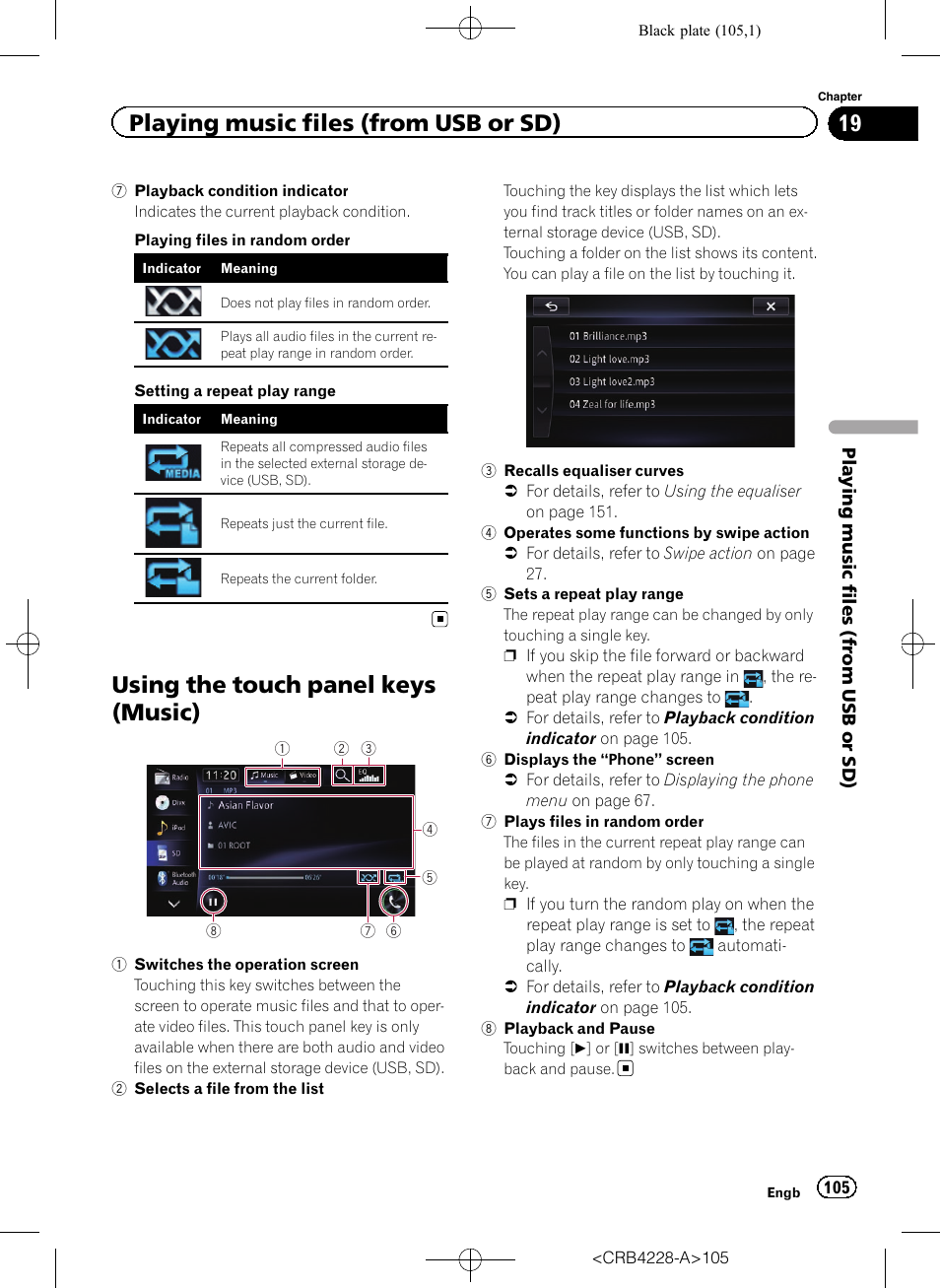 Using the touch panel keys (music), Using the touch panel, Playing music files (from usb or sd) | Pioneer AVIC-F850BT User Manual | Page 105 / 208