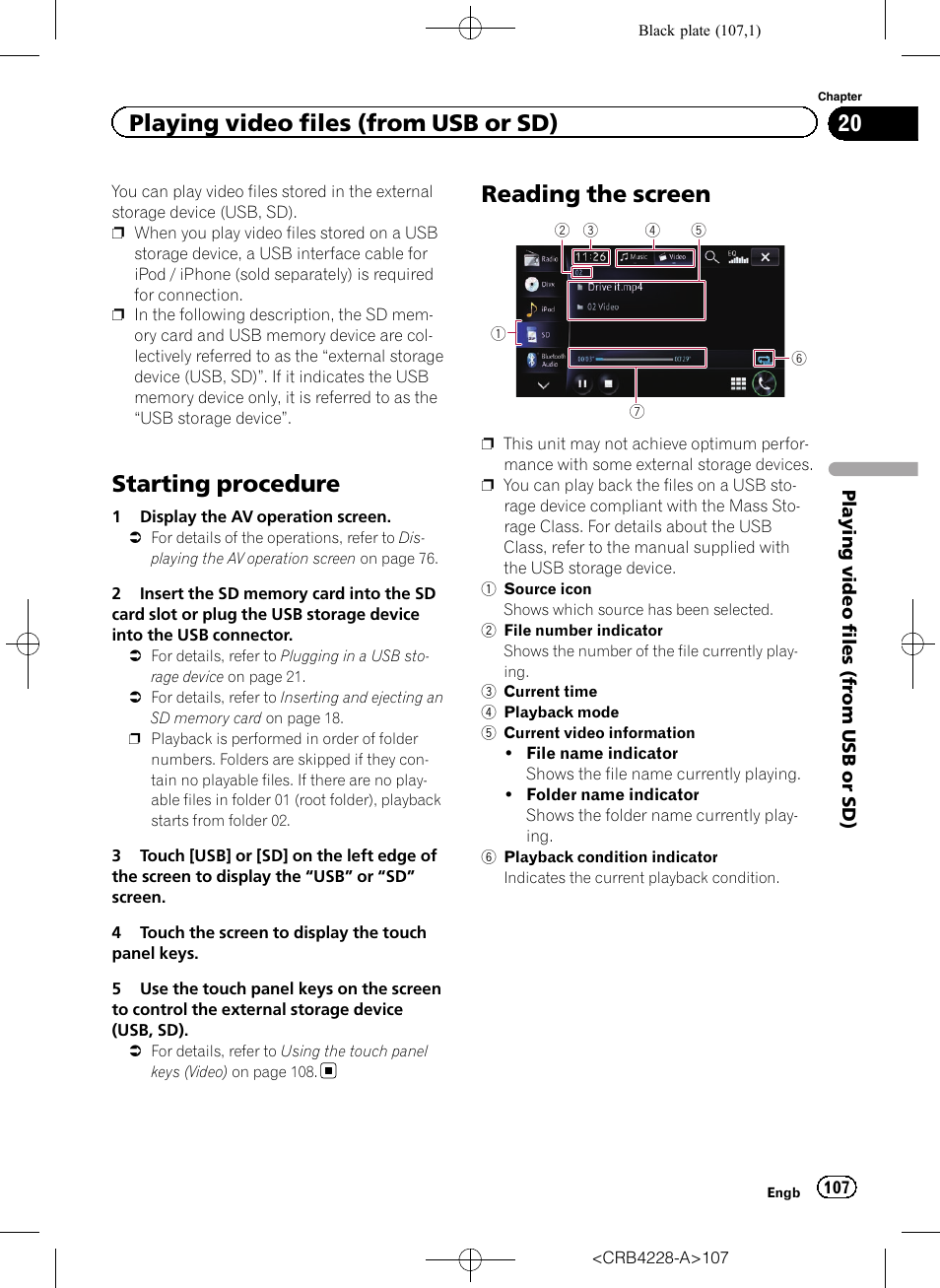 Reading the screen, Starting procedure, Playing video files (from usb or sd) | Pioneer AVIC-F850BT User Manual | Page 107 / 208