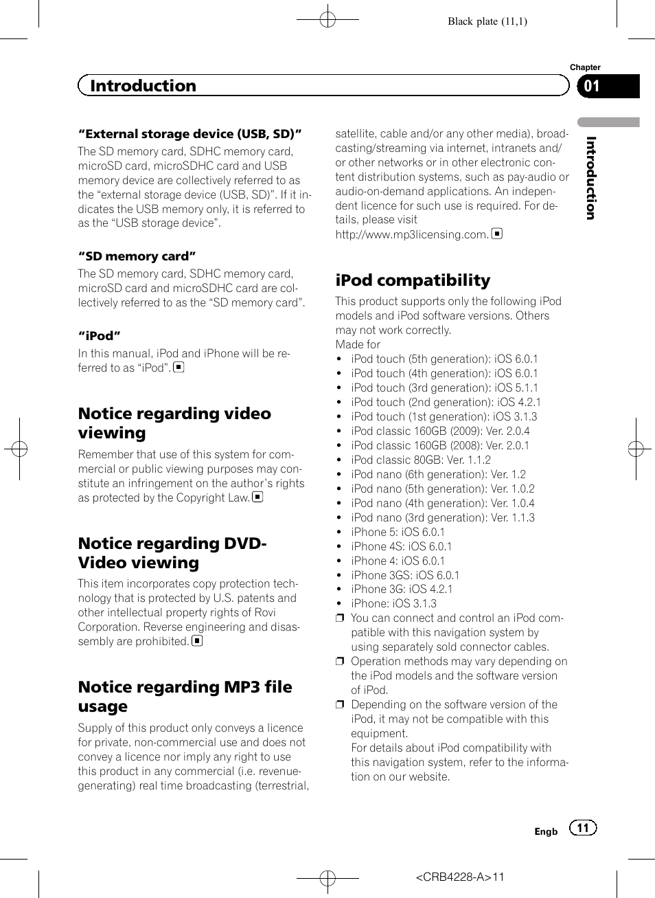 Notice regarding video viewing, Notice regarding dvd-video viewing, Notice regarding mp3 file usage | Ipod compatibility, Notice regarding dvd- video viewing, Introduction | Pioneer AVIC-F850BT User Manual | Page 11 / 208