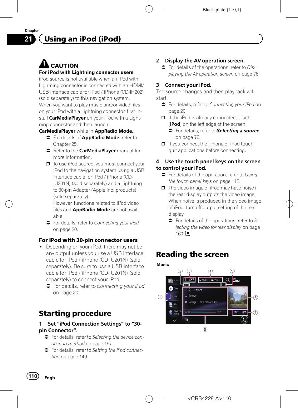 Using an ipod (ipod) starting procedure, Reading the screen, Starting procedure | 21 using an ipod (ipod) | Pioneer AVIC-F850BT User Manual | Page 110 / 208