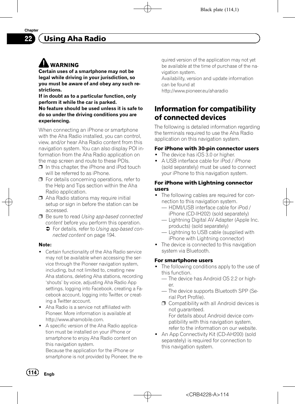 Devices, Information for compatibility of connected devices, 22 using aha radio | Pioneer AVIC-F850BT User Manual | Page 114 / 208