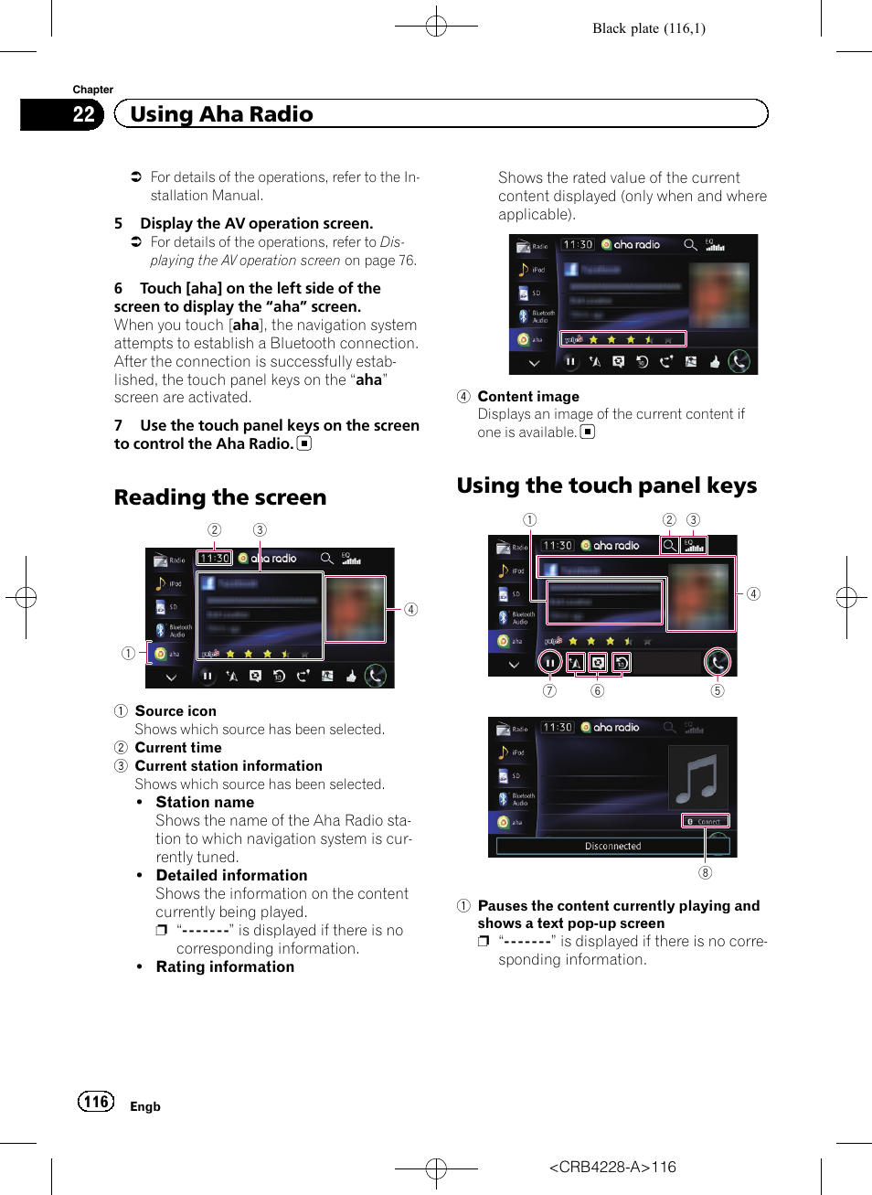 Reading the screen, Using the touch panel keys, 22 using aha radio | Pioneer AVIC-F850BT User Manual | Page 116 / 208