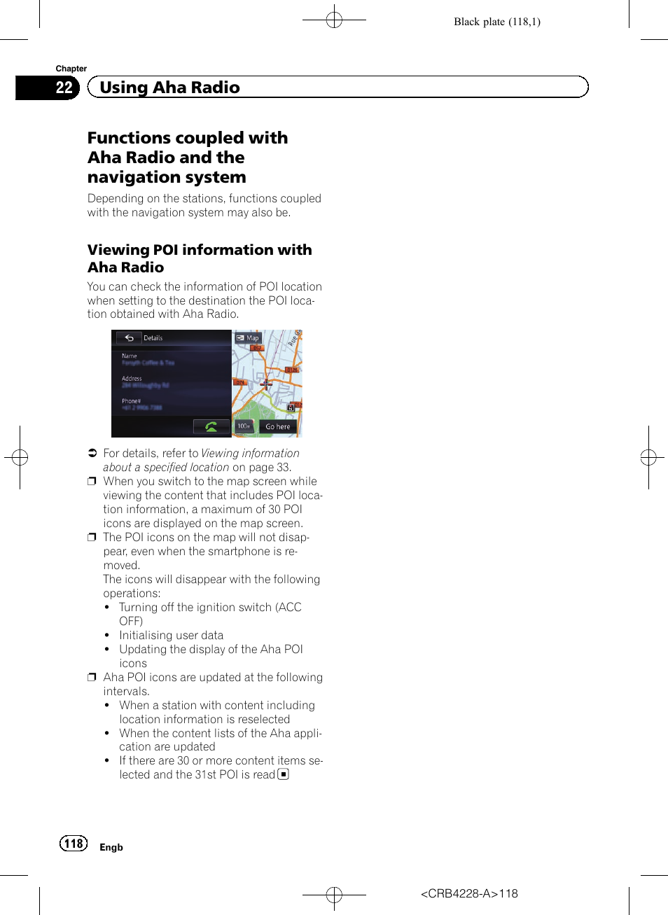 Functions coupled with aha radio and the, Navigation system, Viewing poi information with aha | Radio, 22 using aha radio | Pioneer AVIC-F850BT User Manual | Page 118 / 208